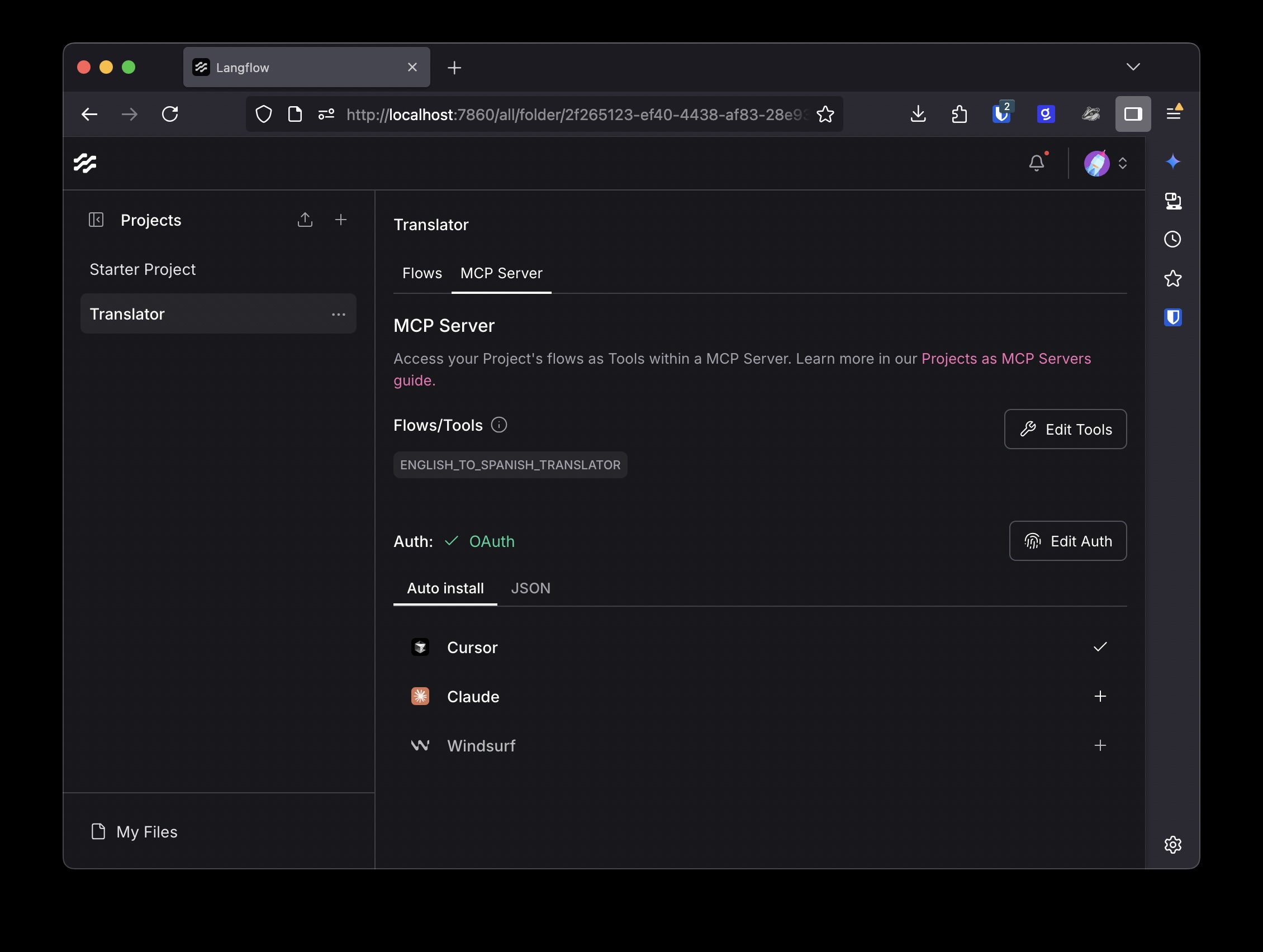 When the MCP Composer server has started, the auth shows a green tick