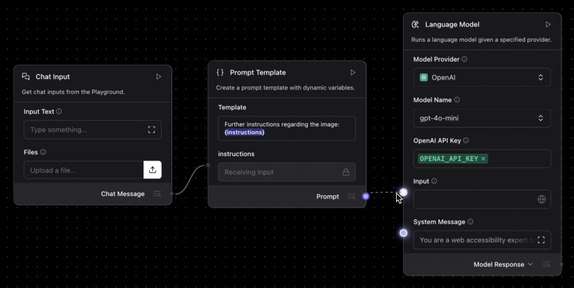 Three components now connected, feeding the input from the chat all the way to the Language Model.