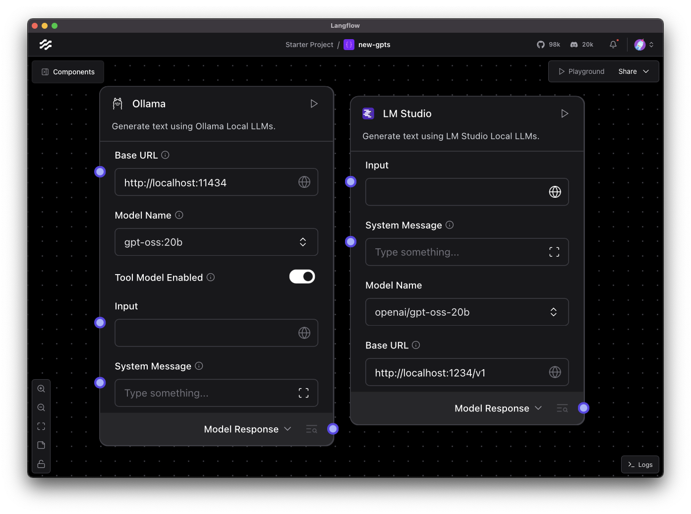 The Ollama and LM Studio components on a Langflow canvas, they both have their API Base URL set, and the model name gpt-oss-20b selected.