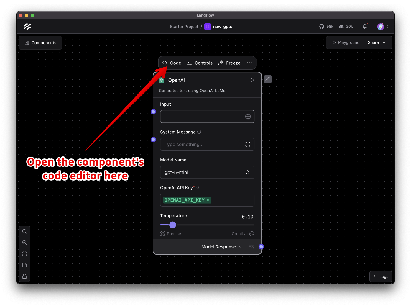 The OpenAI component on the Langflow canvas. When you select the element, four buttons appear above the component, the first one is the one for the Code editor.