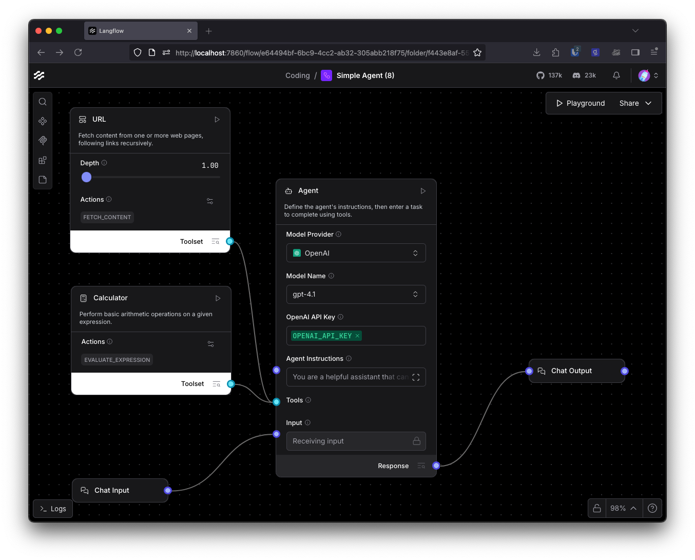 The simple agent flow: a chat input, an agent component with two tools, a calculator and URL tool, and a chat output.