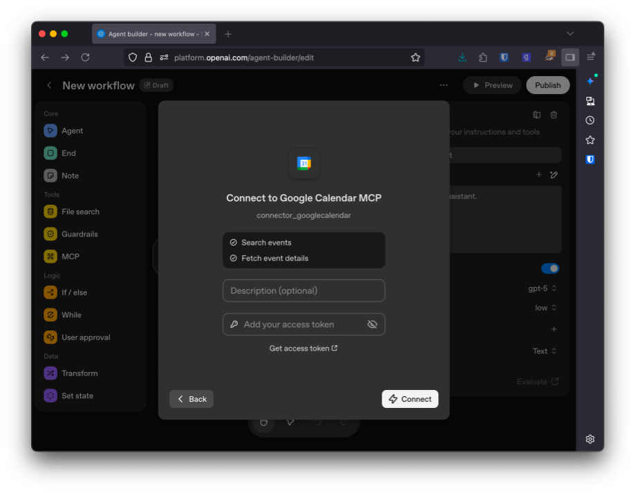 The Google Calendar MCP server pops up a modal to get your access token.