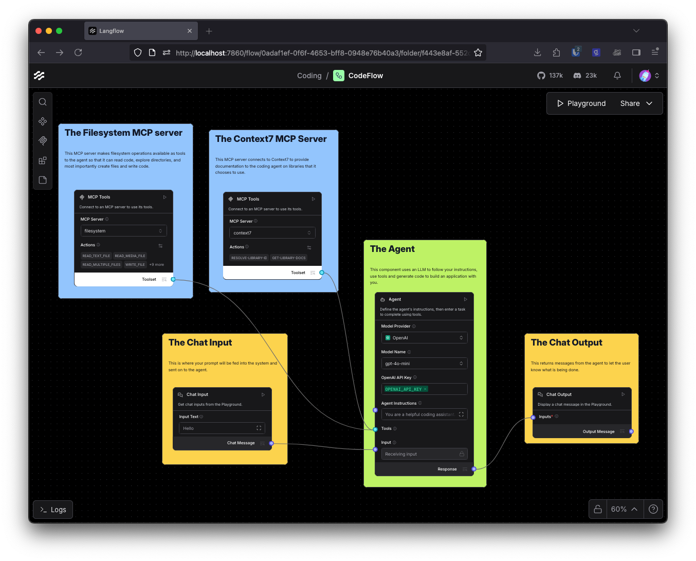 The flow that we will be building, made of a chat input, an agent component with two tools, filesystem and Context7, and a chat output.