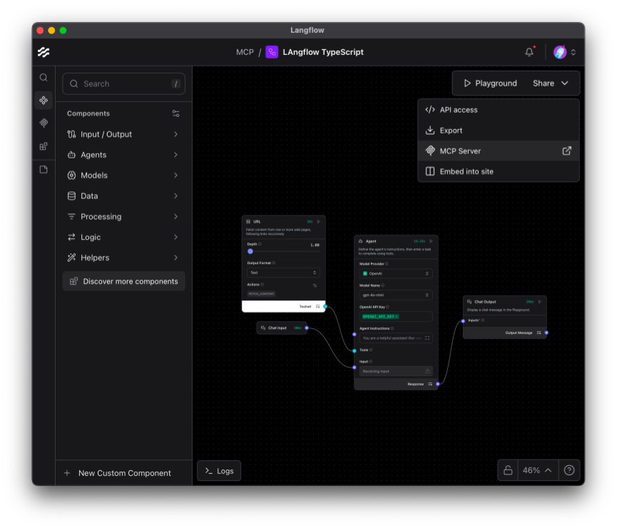 The MCP button is under the Share menu with API Access, Export and Embed into site.