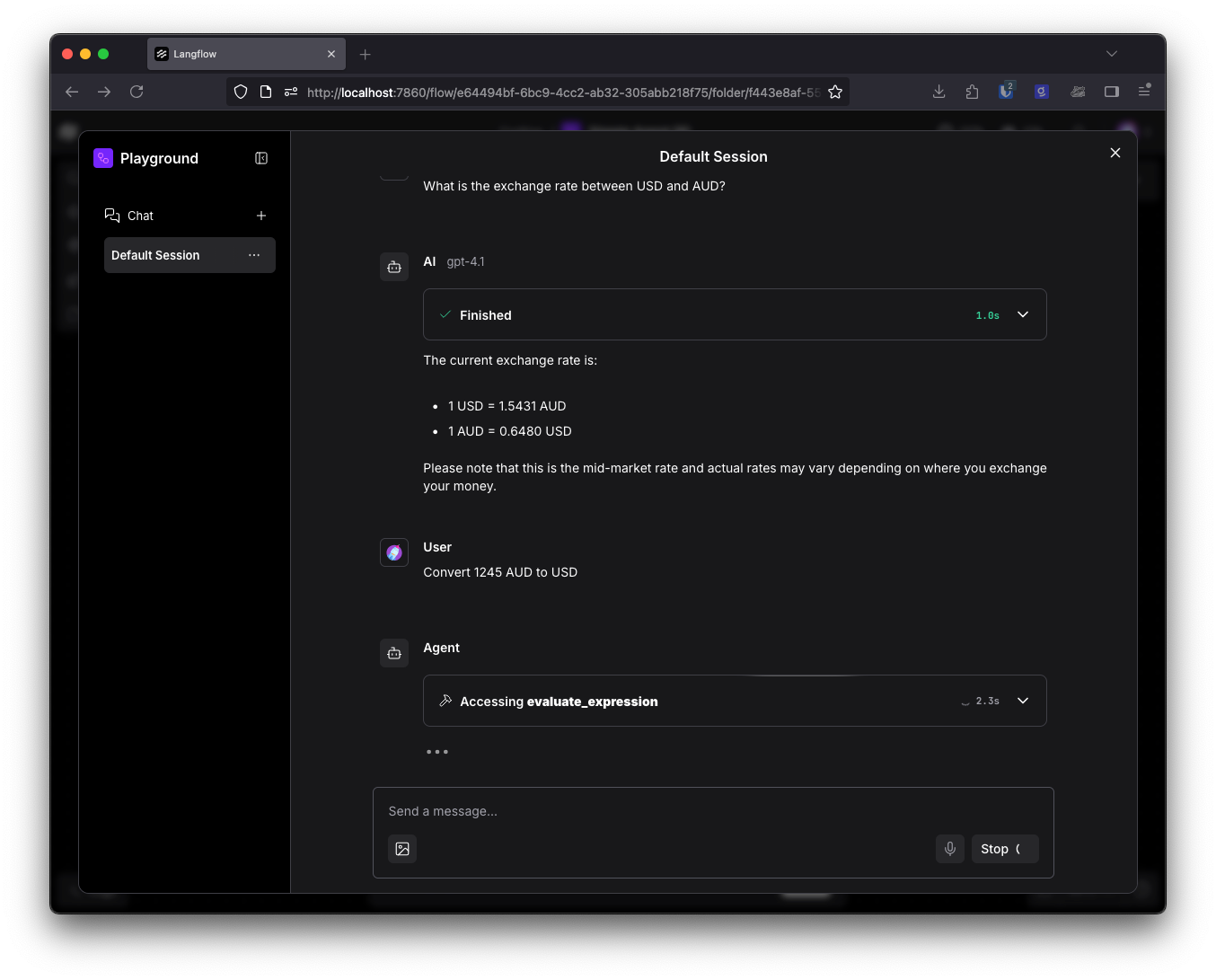 The playground showing the agent in the middle of a flow, currently calling the calculator tool.