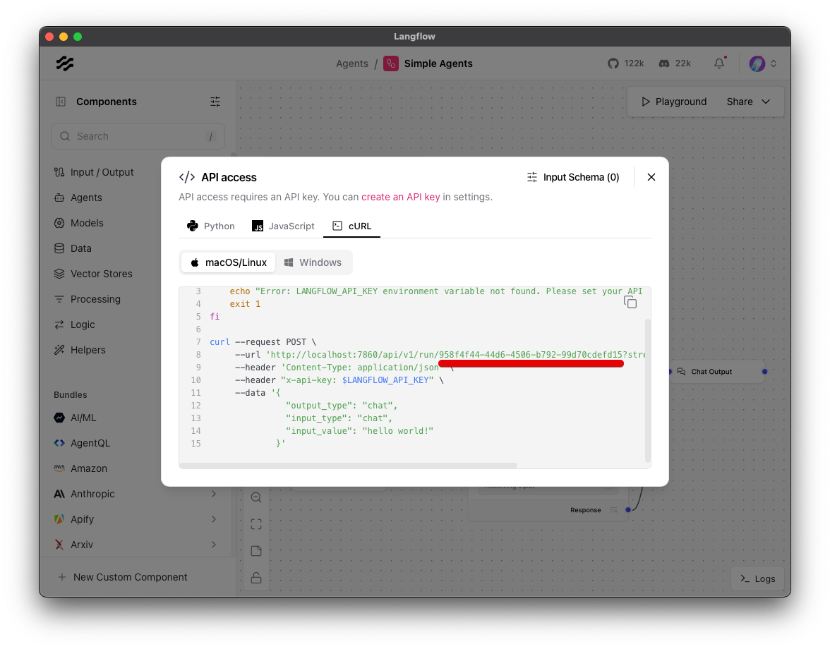 A screenshot of the Langflow API modal. It shows the API URL and points out that the flow ID can be found in the URL after api/v1/run.