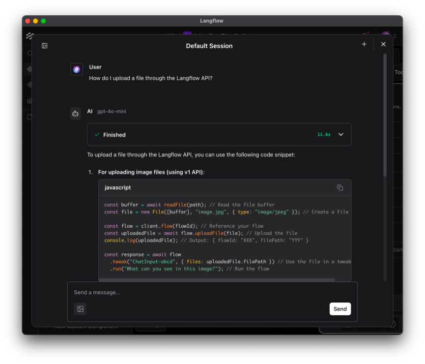 A conversation with the flow we just built shows that it can now answer questions on the library and correctly generate code based on the documentation.
