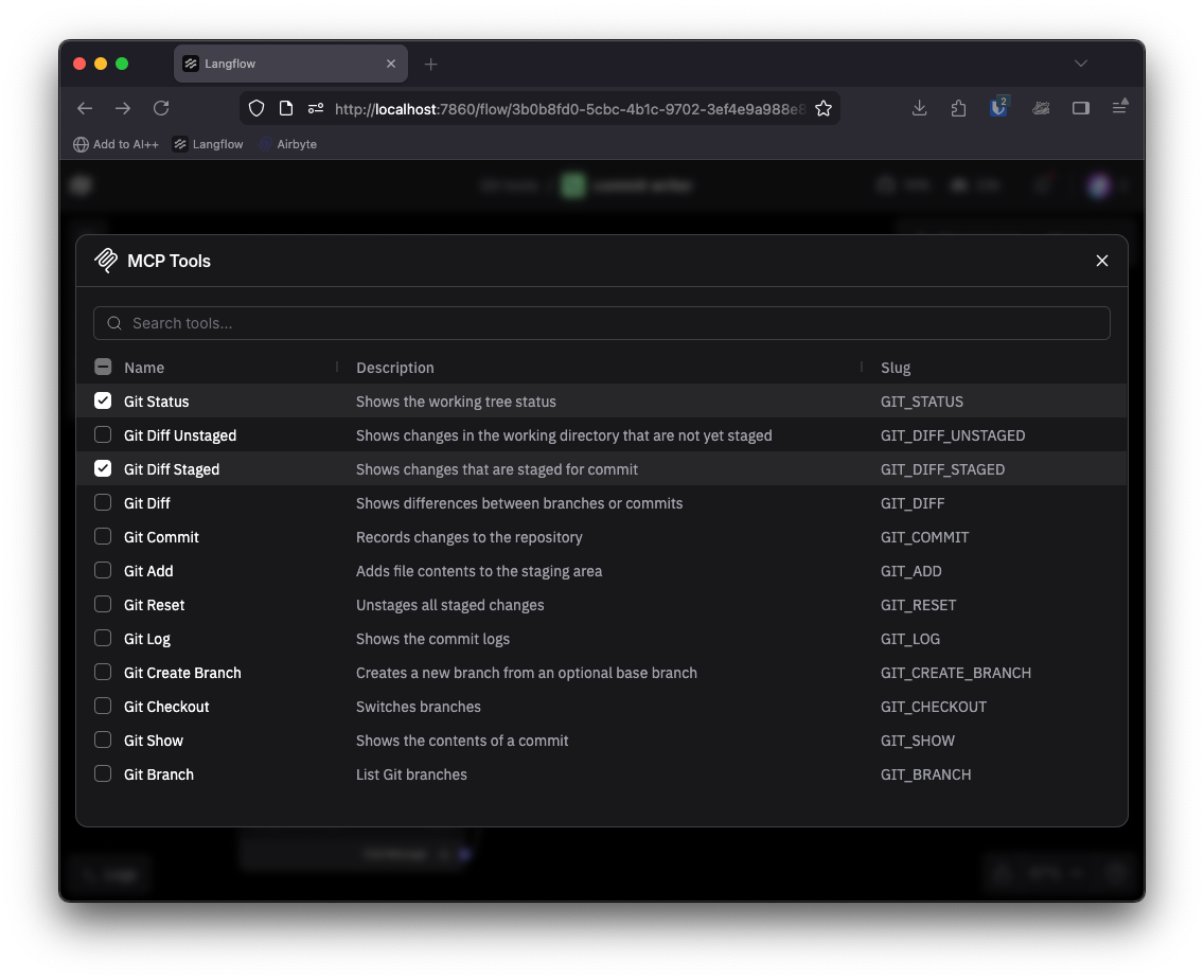 MCP 컴포넌트 내에서 사용 가능한 도구 목록을 편집하는 화면이다.