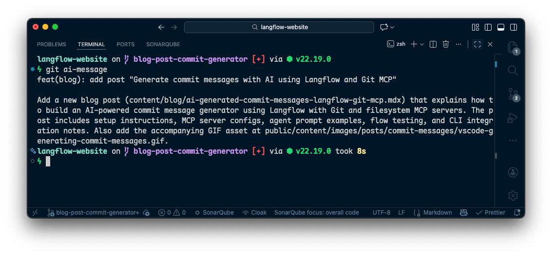 터미널에서 git ai-message 명령어를 실행한 결과 화면이다.