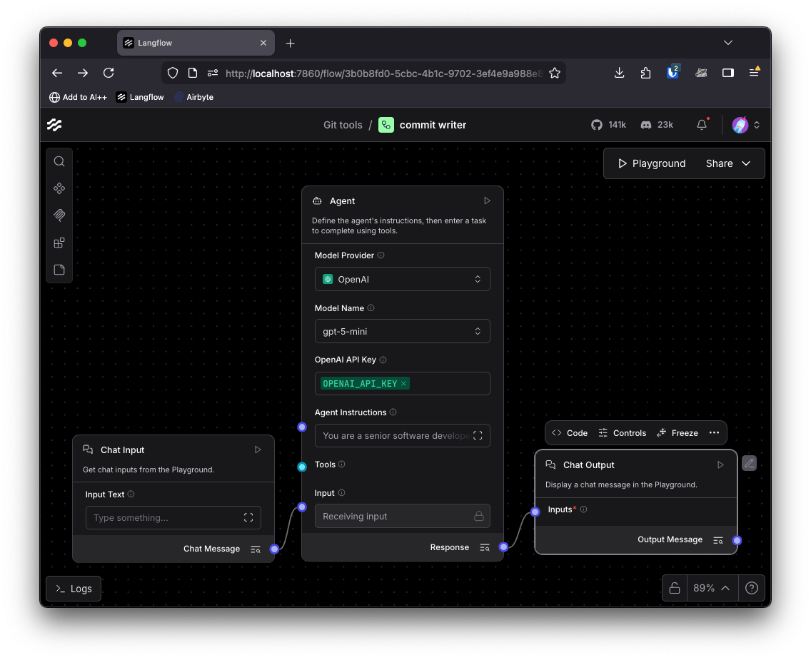 입력과 출력이 연결된 기본적인 Langflow 에이전트 구조이다.