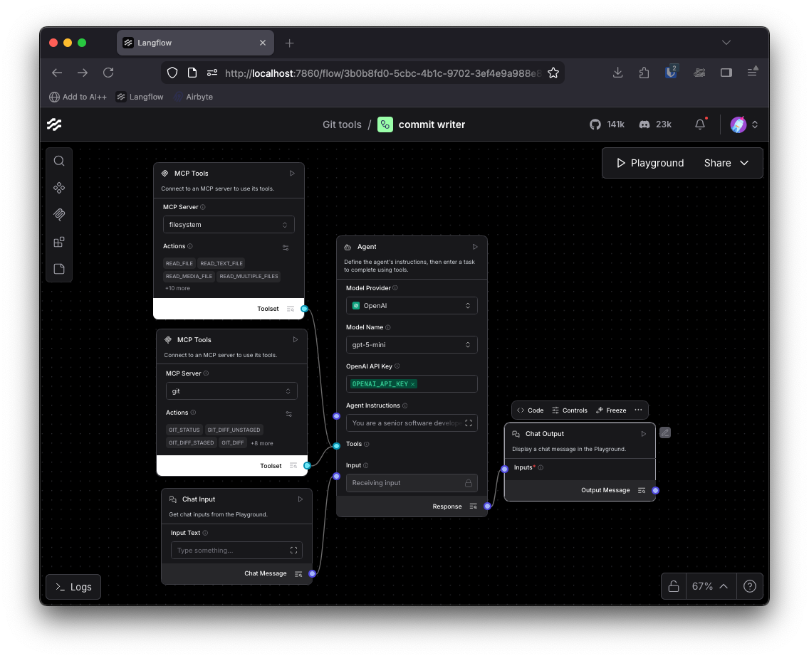 두 개의 MCP 서버 컴포넌트가 연결된 확장된 에이전트 워크플로우이다.
