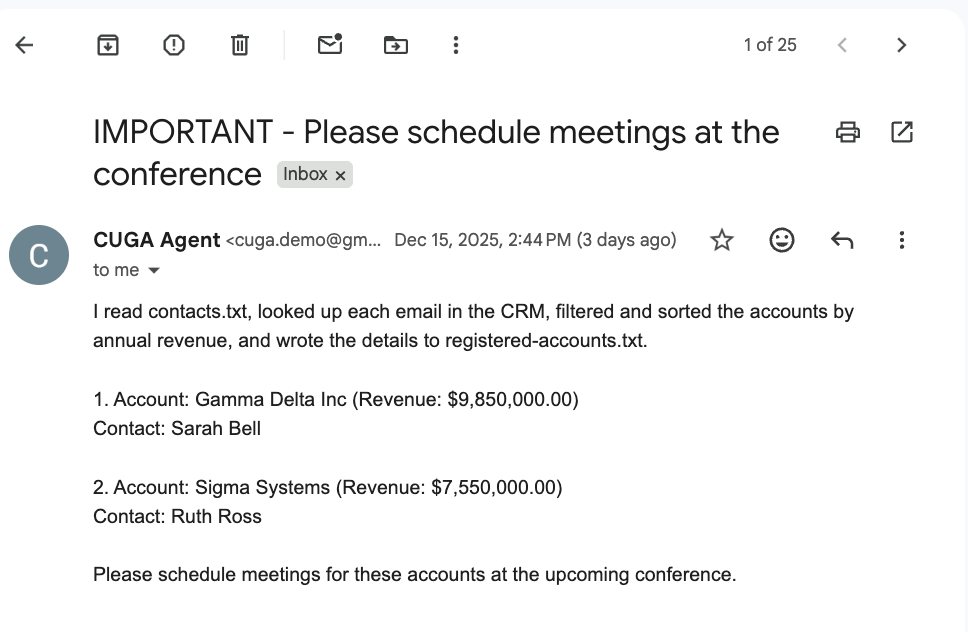 The final email that was sent to John’s assistant. It also reiterates the process, lists the accounts and asks the assistant to schedule the meetings.