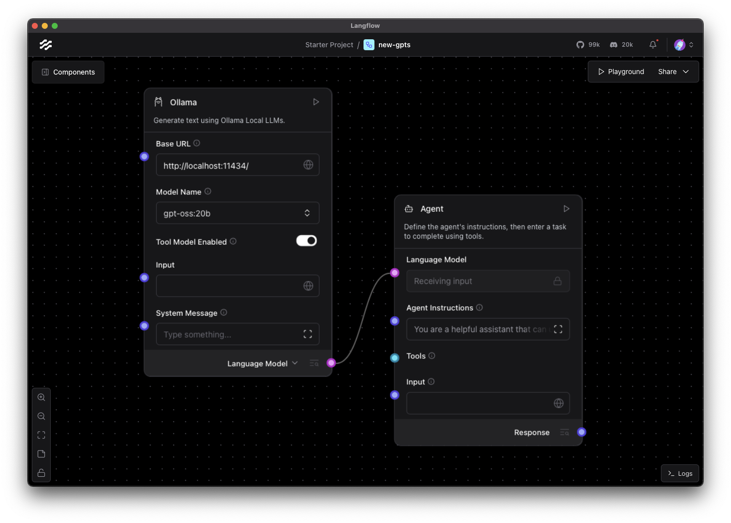 The Langflow canvas with an Ollama component using gpt-oss-20b, with the output set to Language Model. It is connected to an agent component with the language model set to custom.
