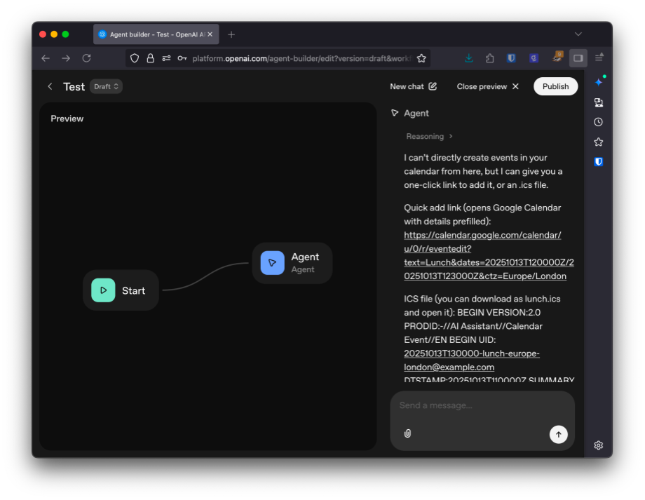 The OpenAI calendar integration doesn't offer a tool to create events, but it does suggest a list to click or an .ics file to download.