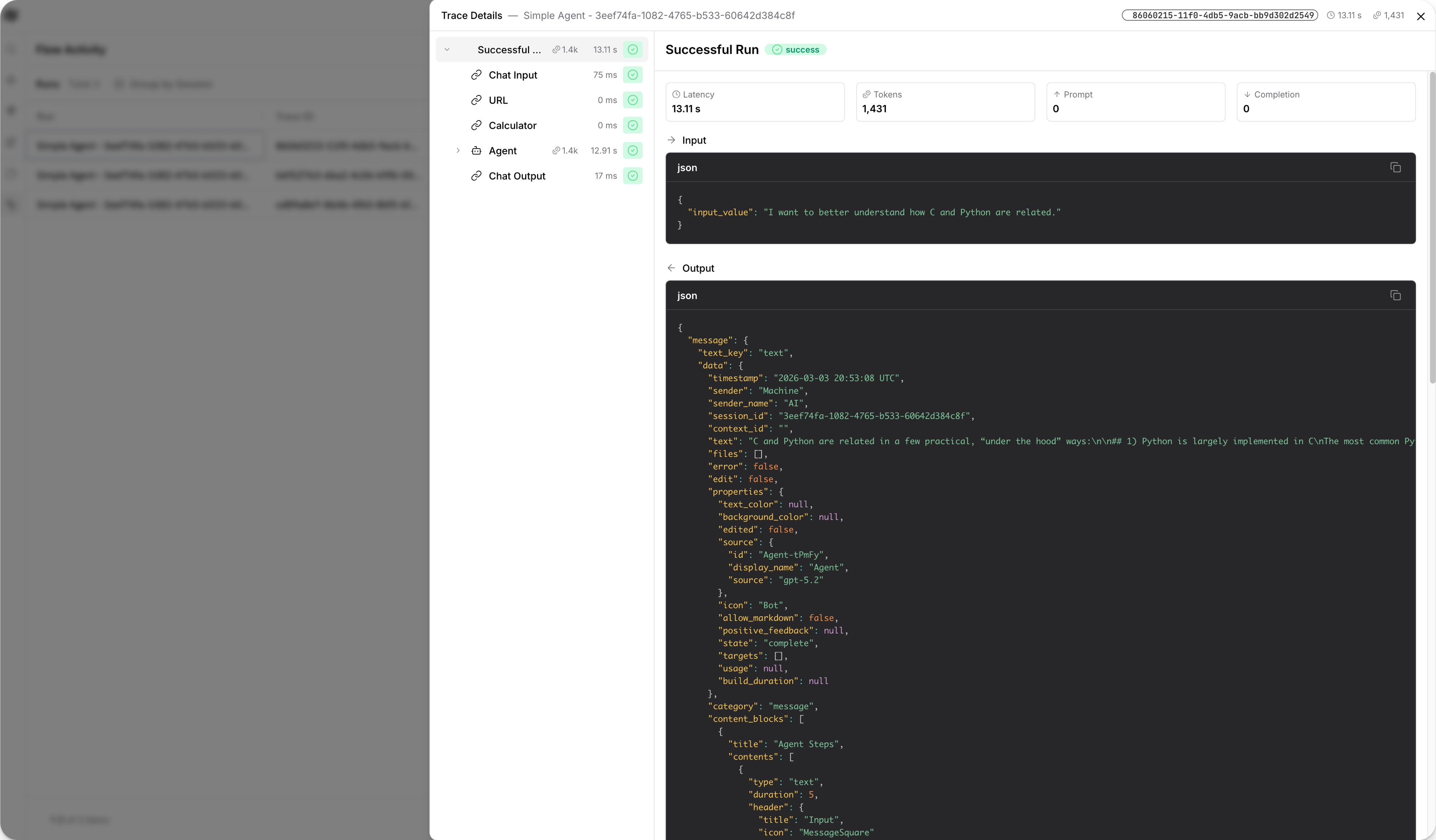 Langflow 1.8 UI with a flow being traced