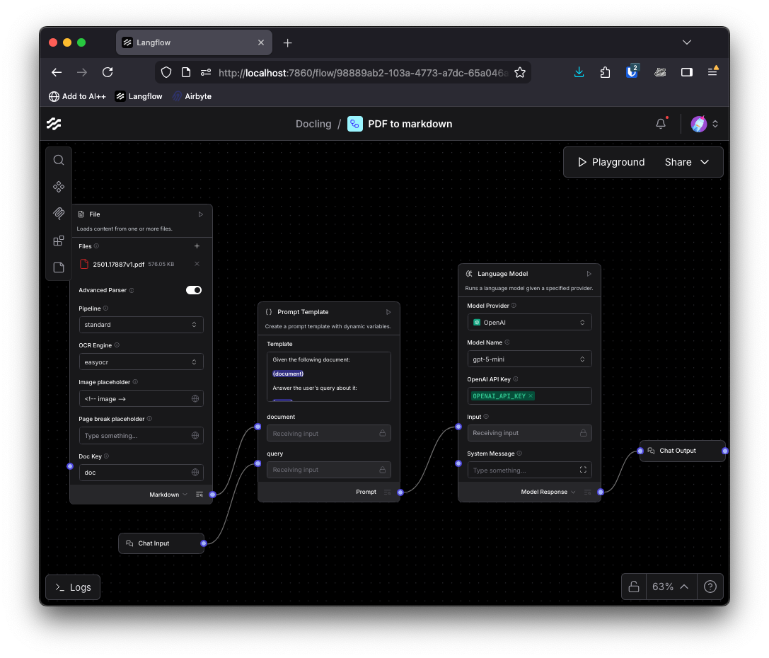 채팅 입력, 프롬프트 템플릿, 언어 모델을 연결하여 PDF와 대화하는 플로우 구성도이다.