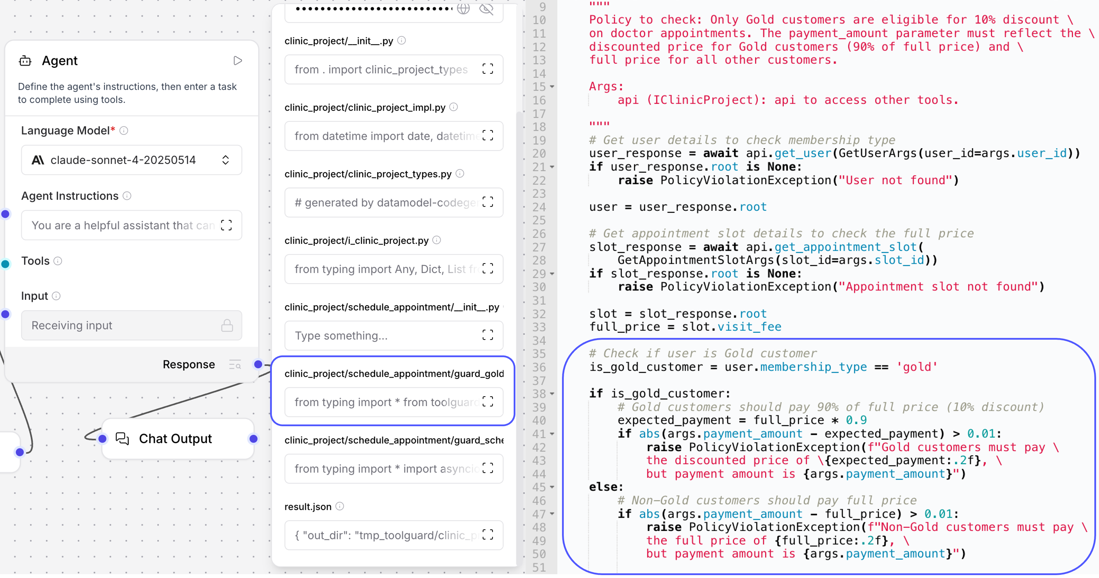 Step 5 - The right-hand panel showing the generated guard code for the clinic discount policy.
