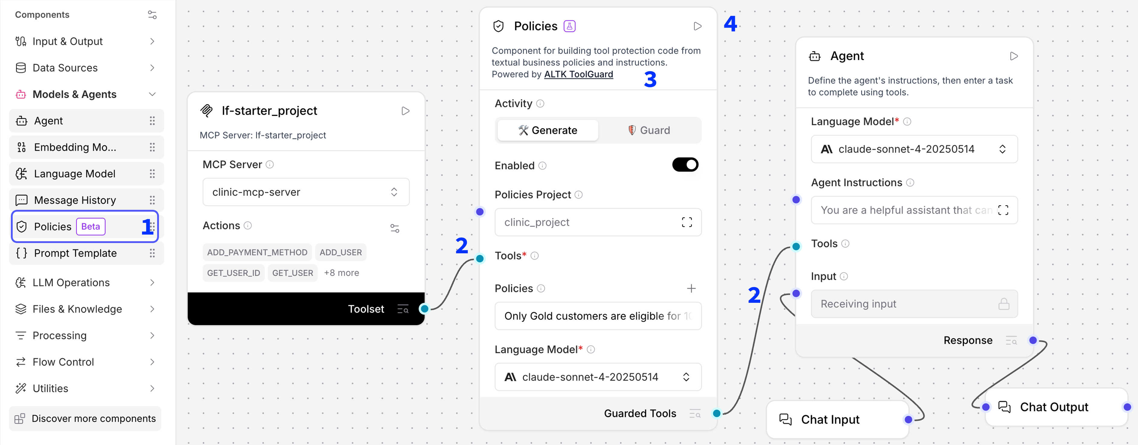 Step 2 – MCP toolset connected through the Policies component into the Agent.